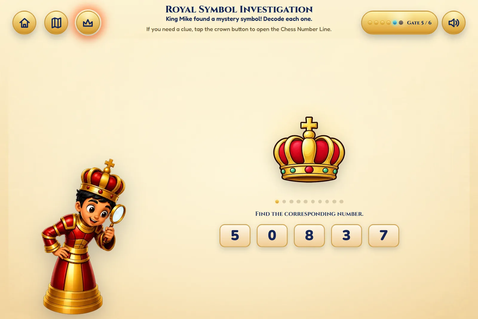 Portal Gate activity screen from Chess 4 Math: King Mike inspects a mystery crown symbol and the child picks its matching number from the standard digits 5, 0, 8, 3, and 7.